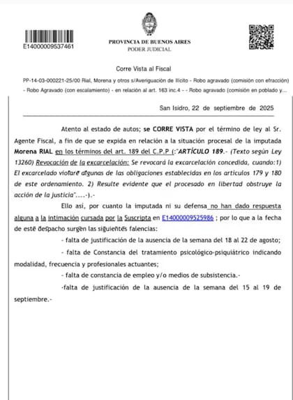 El escrito que resuelve la revocación de la excarcelación