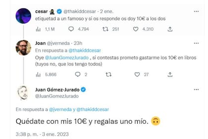 El escritor y periodista español Juan Gómez-Jurado respondió a un usuario que lo etiquetó y también se ganó 10 euros gracias al desafío de César