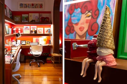 El escritorio comparte un amplio espacio con la habitación. La carpintería se diseñó como parte de una biblioteca y rápidamente fue convertida en un exhibidor de obras de arte.