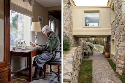 El escritorio del dueño de casa está dispuesto sobre el puente que une las dos alas de la propiedad. Aquí, sobre una antigua escribanía de cuero que heredó de su abuelo.
