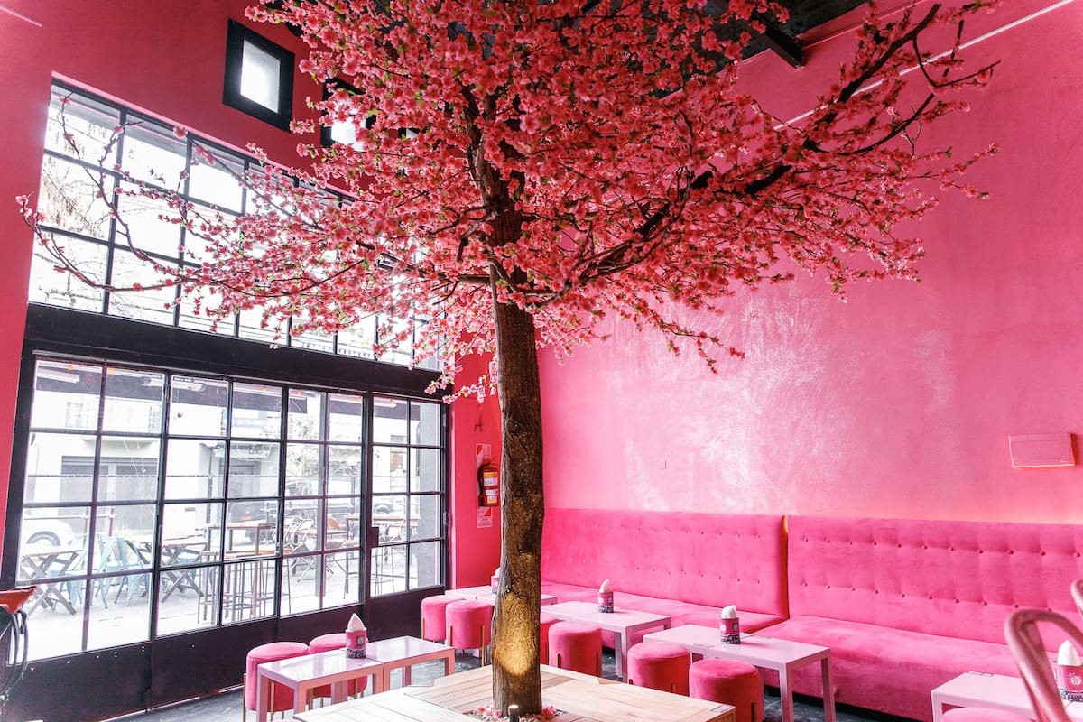 El espacio rosa que se distingue por un imponente tronco natural lleno de flores de estilo cerezo es el que más reservas recibe en Lado V