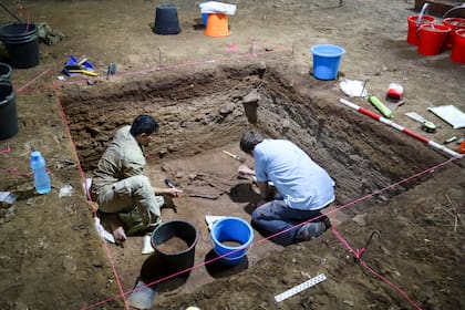 El esqueleto de 31.000 años descubierto en una cueva en Kalimantan Oriental, Borneo, Indonesia, es fotografiado en la Universidad Griffith en Brisbane, Australia, el 1 de septiembre de 2022