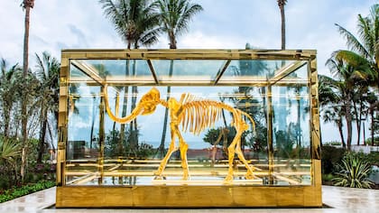 El esqueleto de mamut lanudo dorado en una jaula de cristal creado por Damien Hirst en el Faena Hotel Miami Beach