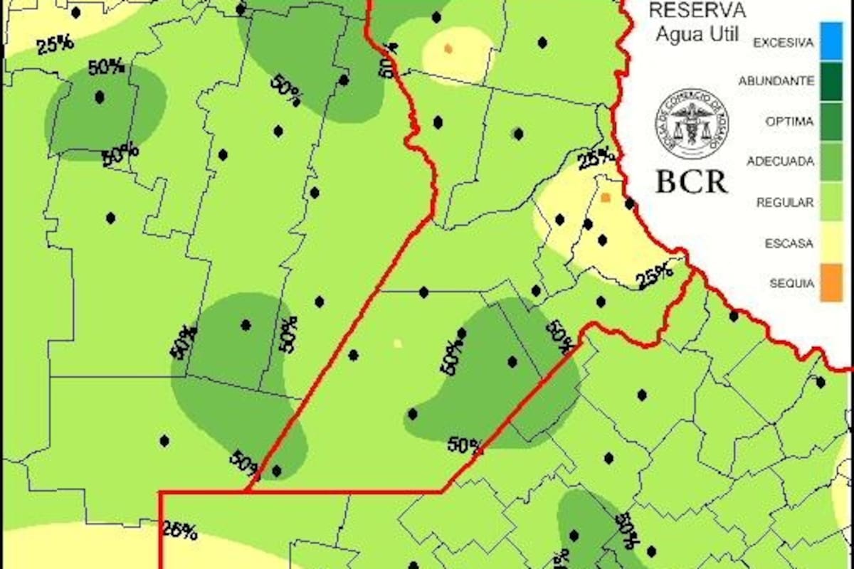 El estado de las reservas de humedad: aunque en un 90% de la región núcleo están entre regulares o adecuadas, persisten zonas del sudoeste y alrededores de Rosario con niveles escasos
