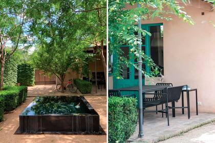 El estanque funciona como escultura moderna y aporta frescura, reflejos y el sonido del agua, que excede el nivel y cae en una rejilla que lo rodea (izq.). Una galería hace de comedor al aire libre, con parrilla y modernos muebles en color negro que dan un toque elegante al diseño (der.).