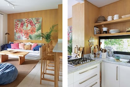 Proyectado por Carolina junto con la arquitecta Olivia Siegrist, el family estaba separado de la cocina. La pared se tiró abajo para configurar un gran ambiente que se vincula, también, por el revestimiento de roble.