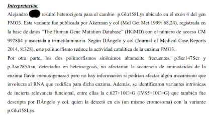 El estudio de sangre donde decía que se habían “encontrado cambios en el gen FMO3 asociados con la TMAU”