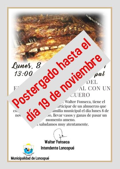 El evento de la Municipalidad de Loncopué fue postergado hasta el 19 de noviembre