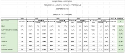 El excel elaborado por Sáenz Valiente donde muestra lo que representa en la carga fiscal del productor la rebaja de las retenciones