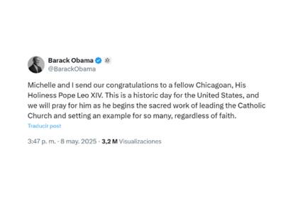 El exmandatario Barack Obama felicitó a Prevost tras ser elegido como nuevo sumo pontífice