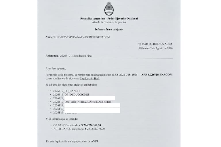 El expediente de liquidación incluyó a otros tres agentes y consignó un pago neto total de $293,6 millones; de ese monto, $109,7 millones correspondieron a la liquidación final de Neira