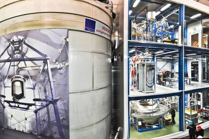 El experimento Xenon1T. A la izquierda, un tanque de agua con un poster que muestra su interior; a la derecha, la estructura de servicio