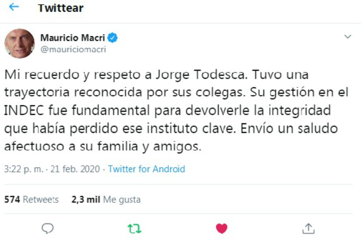 El expresidente de la nación, Mauricio Macri, despidió y destacó a Jorge Todesca al frente del Indec durante el gobierno de Cambiemos