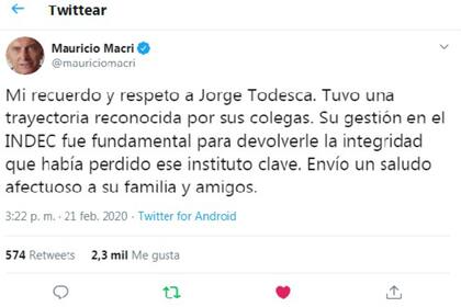 El expresidente de la nación, Mauricio Macri, despidió y destacó a Jorge Todesca al frente del Indec durante el gobierno de Cambiemos