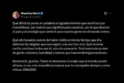 El expresidente Mauricio Macri también le agradeció a Messi por lo que le brindó a la selección