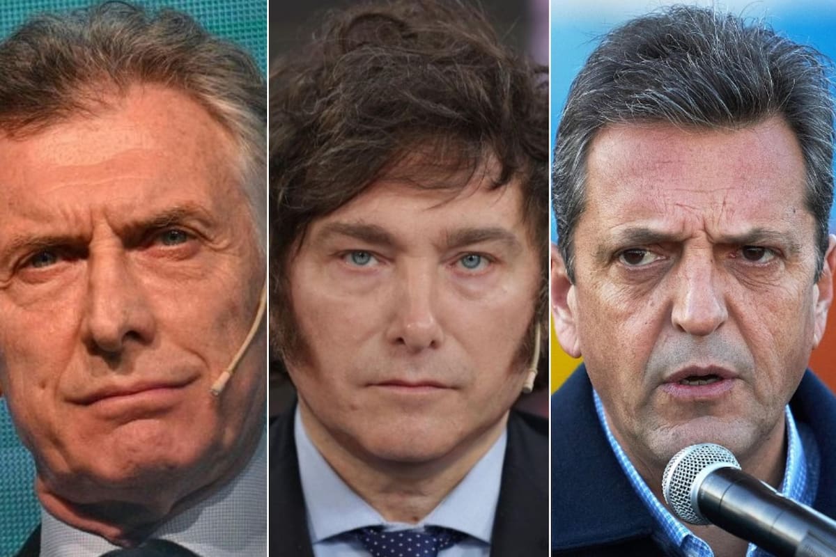 El expresidente Mauricio Macri, y los candidatos a presidentes Javier Milei y Sergio Massa