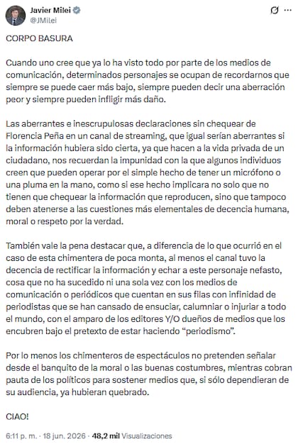 El extenso descargo de Javier Milei sobre Florencia Peña (Foto: Captura X)