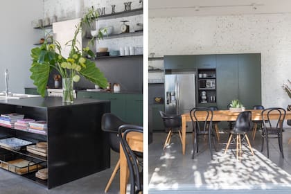 El extremo de la isla tiene estantes para tener a mano libros de cocina, individuales y tablas de madera. Mesa de comedor (Net Muebles) con sillas Thonet restauradas. Centro de mesa de suculentas (Fête).