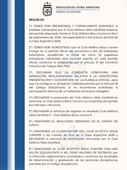 El fallo del partido Boca - Vélez, publicado en el boletín oficial del Tribunal de Disciplina de la AFA