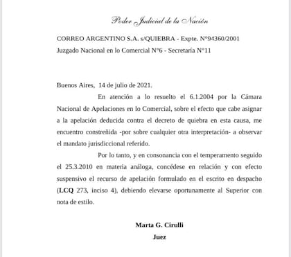 El fallo que suspendió provisoriamente la quiebra de Correo Argentino
