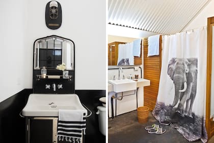 Las paredes se pintaron de negro hasta la altura de la bacha para sumar contraste. Derecha: los caños a la vista, a tono con la estética del loft. Cortina con tensores (H&M Home). Cesto de ratán (Sekkei Decor).