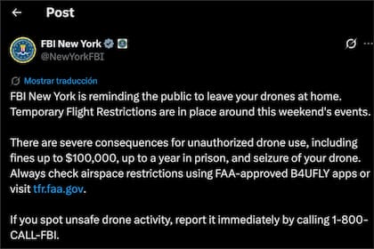El FBI anunció que regirá una restricción temporal para el uso de drones en Nueva York durante este fin de semana