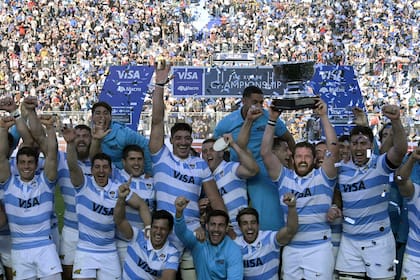 El festejo de los Pumas tras vencer por 48-17 a Australia en San Juan, por la segunda fecha del Rugby Championship