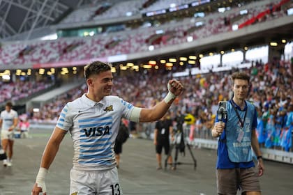 El festejo de Marcos Moneta; los Pumas 7s avanzan en Singapur
