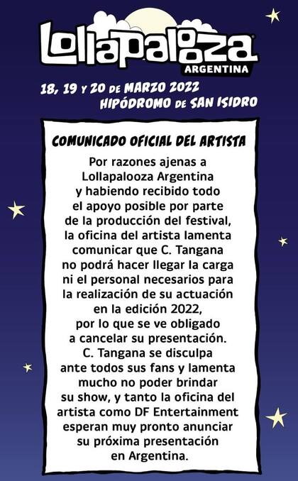 El festival Lollapalooza comunicó en sus redes oficiales que C. Tangana no participará de la edición 2022