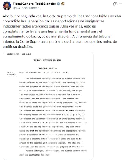 El fiscal general de EE.UU., Todd Bianche, celebró el fallo de la Corte Suprema y aseguró que la deportación a terceros país "es legal y una herramienta funamental" para cumplir con las leyes de inmigración