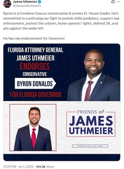 El fiscal general de Florida, James Uthmeier, elogió el liderazgo conservador de Donalds y su compromiso con el avance de la agenda "Estados Unidos Primero" de Florida