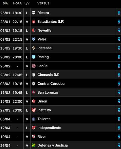 El fixture de Boca en el Apertura 2026 en la web de canchallena.com