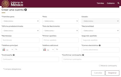 El formulario de la SRE para crear una cuenta en su página oficial (Gobierno de México)