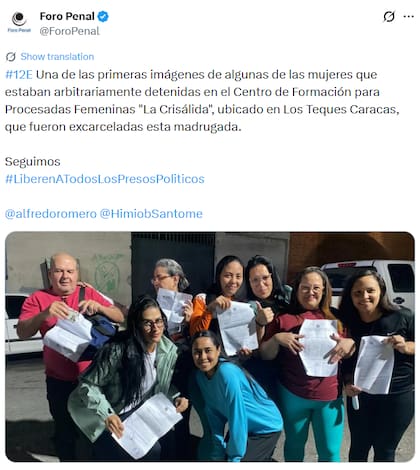 El Foro Penal compartió una publicación, tras la liberación de 9 presas políticas (X: @ForoPenal)
