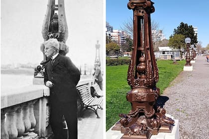 El fotógrafo José Virginio Freitas en la vieja rambla francesa (donde tenía su local) y junto a las bellas farolas que hoy embellecen la plaza Mitre.