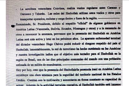 El fragmento del discurso de Roger Noriega ante el Congreso de los Estados Unidos en el que vincula a Conviasa con Hezbollah