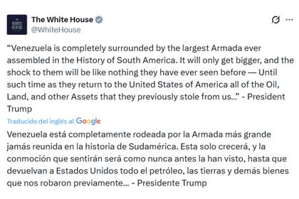 El fragmento del mensaje de Trump contra Venezuela que replicó la Casa Blanca en redes sociales