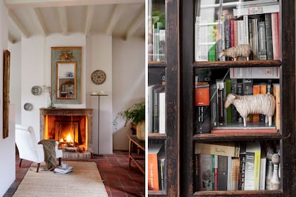 El frente de la chimenea es una antigüedad que se buscó especialmente. Hay quienes recomienda que siempre, encima, lo mejor es colgar un espejo.