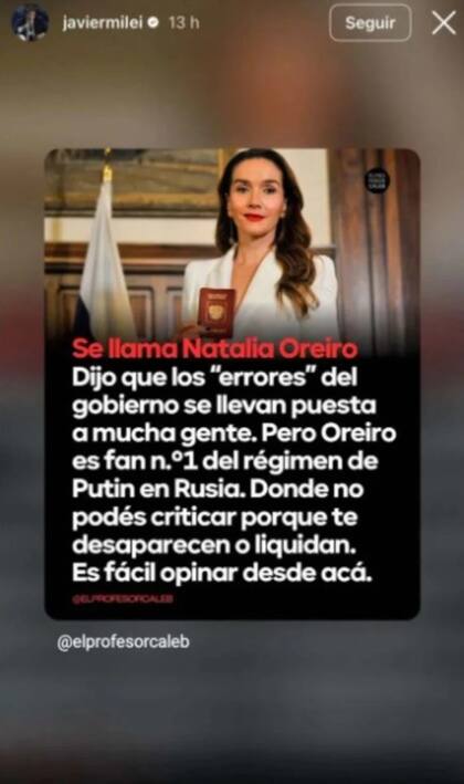 El fuerte posteo de Javier Milei contra Natalia Oreiro