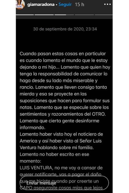 El fulminante descargo de Giannina Maradona contra Luis Ventura