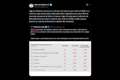 El fundador de Mercado Libre, Marcos Galperin, cuestionó este domingo el dato de la Confederación Argentina de la Mediana Empresa (CAME) sobre la caída del consumo en el mes de julio
