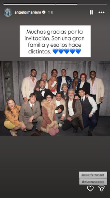 El futbolista felicitó al elenco por la obra; "Son una gran familia y eso los hace distintos", sostuvo