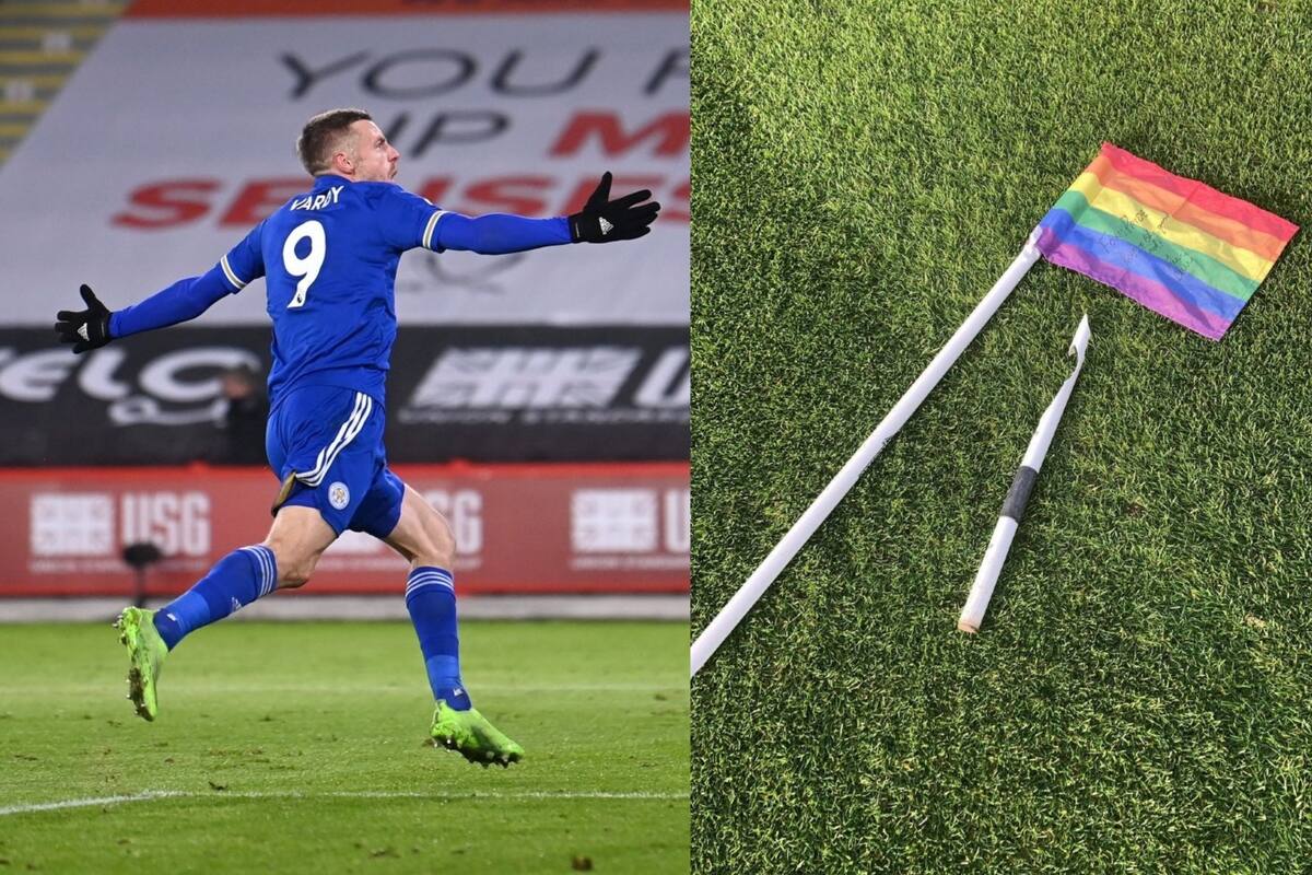 El futbolista inglés barrió uno de los postes de esquina tras festejar un gol y envió su aliento a un grupo de fanáticos del Leicester. Crédito: Twitter