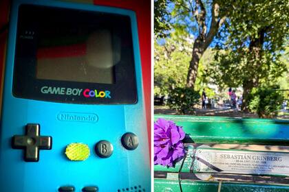 El game box, uno de los juegos electrónicos preferidos de Sebi (izq.) y el banco en el Parque Rivadavia que lleva una placa con su nombre.