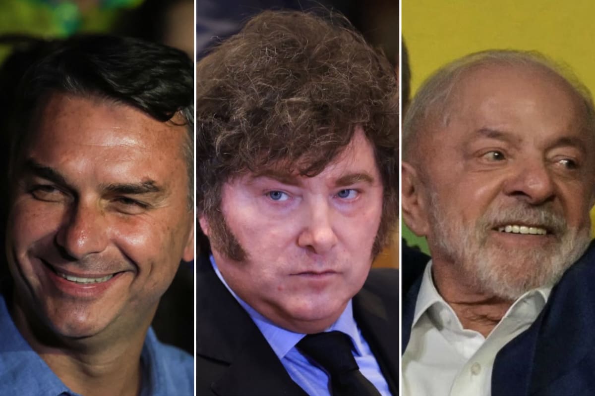 El ganador de la primera vuelta electoral en Brasil, Flávio Bolsonaro; el presidente argentino, Javier Milei, y el presidente brasileño, Lula da Silva