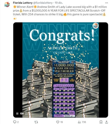 El ganador más reciente de la Lotería de Florida se llevó US$1 millón con el juego raspadito “US$1.000.000 A Year For Life Spectacular”