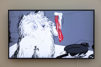 "El gato sangrante y el corazón barbudo", 2020, se exhibe en Colección Fortabat, donde la semana pasada ganó el tercer premio para obra de mayores de 35 años