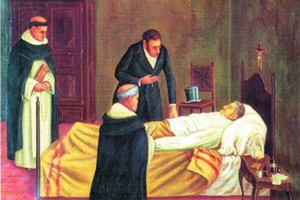 El general en el lecho de muerte. Según su biógrafo, Bartolomé Mitre, sus últimas palabras fueron: "Ay, Patria mía".