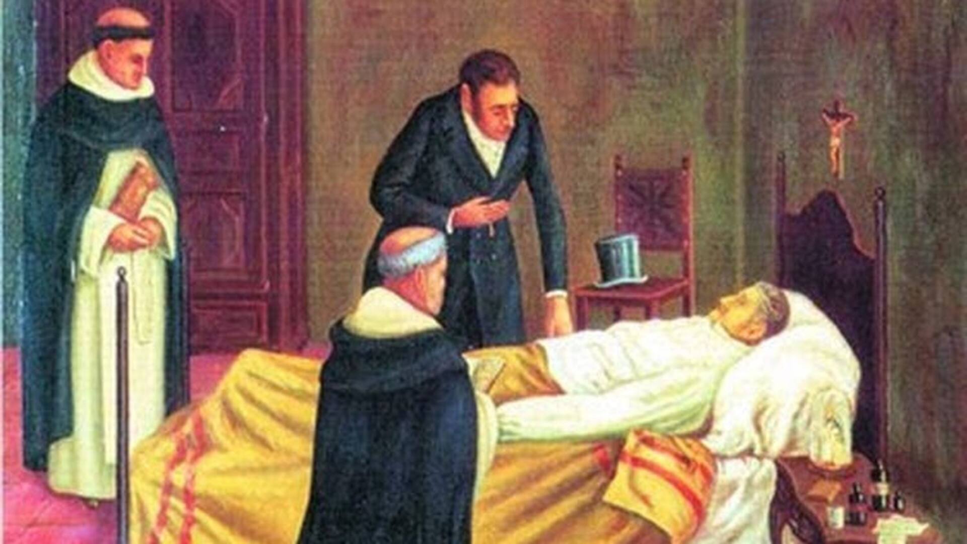 El general en el lecho de muerte. Según su biógrafo, Bartolomé Mitre, sus últimas palabras fueron: "Ay, Patria mía".