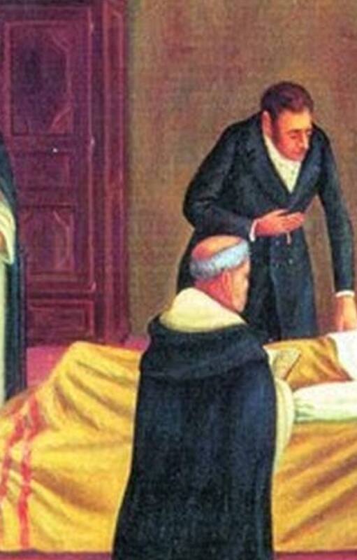 El general en el lecho de muerte. Según su biógrafo, Bartolomé Mitre, sus últimas palabras fueron: "Ay, Patria mía".